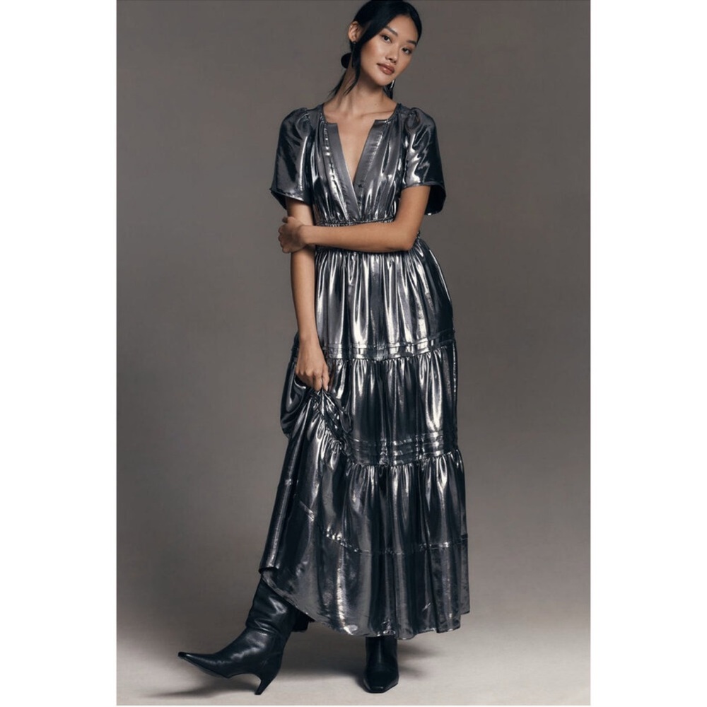 Anthropologie Shimmering Silver Maxi Dress